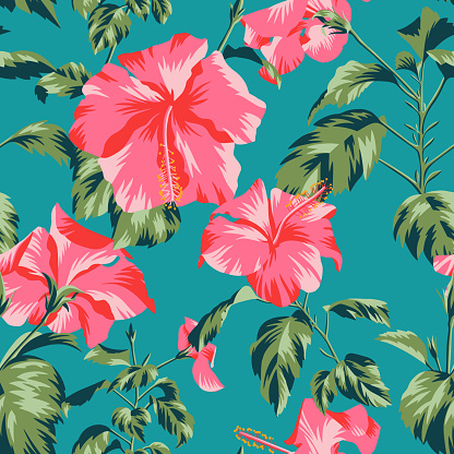 Beautiful botanical repeat background. Floral seamless pattern with Chinese Hibiscus rose flowers. Graphic texture art design, For textile, fabric, fashion, wrapper and surface.