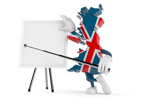 UK character with blank whiteboard isolated on white background. 3d illustration