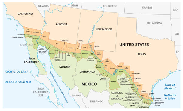 ilustraciones, imágenes clip art, dibujos animados e iconos de stock de mapa vectorial de los distritos fronterizos en los estados unidos y méxico a lo largo de la frontera - rio grande illustrations