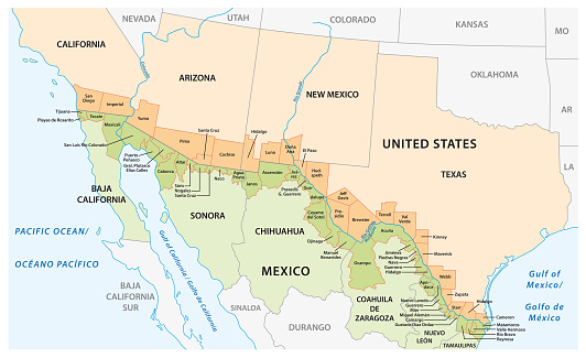 Vector map of the border districts in the United States and Mexico along the border