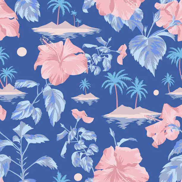 Vector illustration of Floral seamless pattern with Chinese Hibiscus rose flowers.