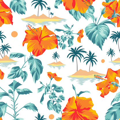 Seamless island botanical pattern. Colorful summer tropical background. Landscape with palm trees, beach and ocean mixed with large orange Chinese Hibiscus rose flowers. Flat design, Floral bloom.