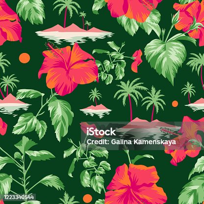 istock Floral seamless pattern with Chinese Hibiscus rose flowers. 1223340544