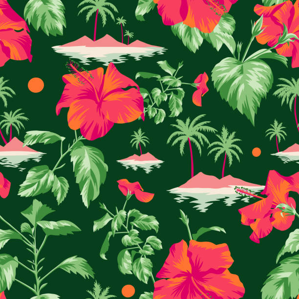 Floral seamless pattern with Chinese Hibiscus rose flowers. Seamless island botanical pattern. Colorful summer tropical background. Landscape with palm trees, beach and ocean mixed with large red Chinese Hibiscus rose flowers. Flat design, Floral bloom. tropical blossom stock illustrations