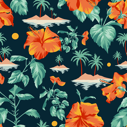 Seamless island botanical pattern. Colorful summer tropical background. Landscape with palm trees, beach and ocean mixed with large Chinese Hibiscus rose flowers. Flat design, Floral bloom.