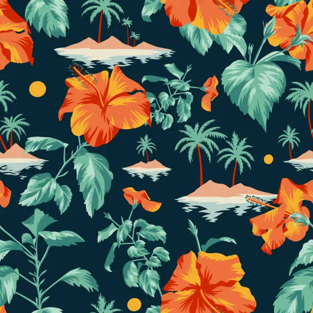 Vector illustration of Floral seamless pattern with Chinese Hibiscus rose flowers.