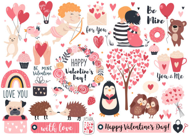 valentinstag-set. - bird love decoration flower stock-grafiken, -clipart, -cartoons und -symbole