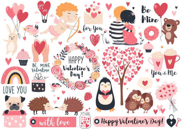sevgililer günü seti. - sevgililer günü kartı illüstrasyonlar stock illustrations
