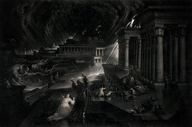 Seventh Plague of Egypt Vintage Biblical illustration depicts the Seventh Plague of Egypt, a great thunderstorm of hail and lightning, inflicted by God upon Egypt in order to force Pharaoh to allow the Israelites to depart from slavery. ancient egyptian art stock illustrations
