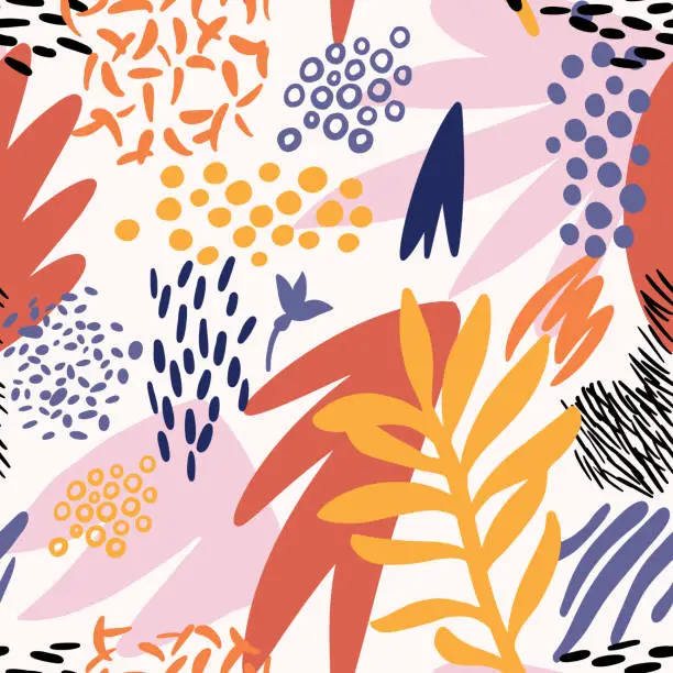 Vector illustration of Vector floral seamless pattern. Doodle paper cut out design. Organic shapes, botanical plants.