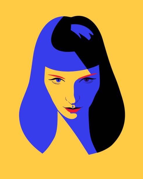 woman full face portrait. Beautiful woman full face. Close-up portrait of a elegant lady with long blue hair. Fashion model girl in pop art style, flat design. marketing patterns stock illustrations