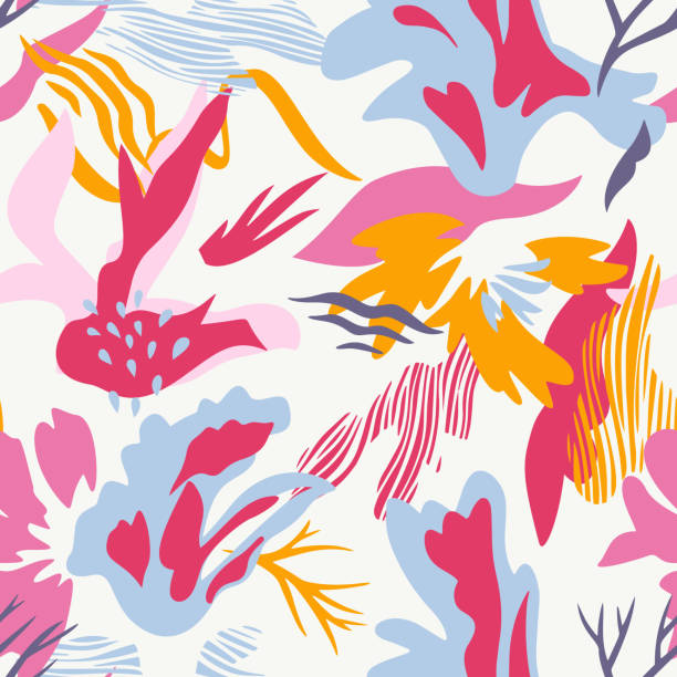 Abstract botanical seamless pattern. Flat flowers, cutout floral elements with doodles. Collage style, modern cut paper design. For fashion textile and fabric printing.