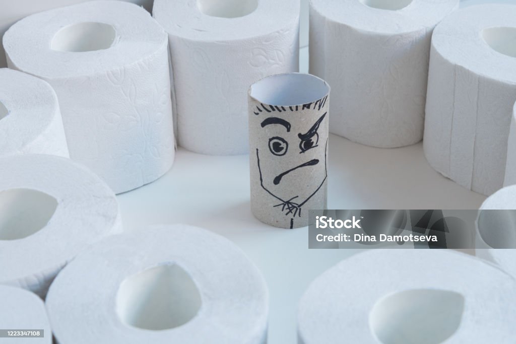 The Empty Sleeve Of Toilet Paper The Is Surrounded By Toilet Rolls Grimace Of Anger And Horror Is Drawn The Concept Of Shame And Exposure Stock Photo -