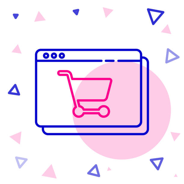 ilustrações de stock, clip art, desenhos animados e ícones de line online shopping on screen icon isolated on white background. concept e-commerce, e-business, online business marketing. colorful outline concept. vector illustration - laptop retail e commerce store