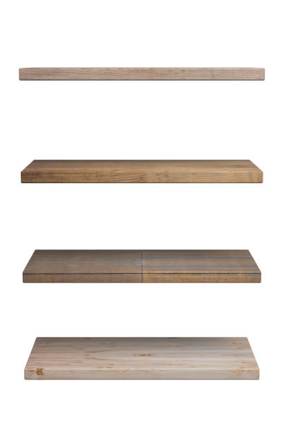 istock Empty wooden shelf isolated cutout on white wall background. Perspective view. 3d illustration 1223347238