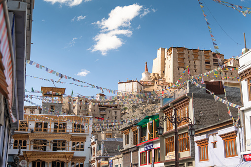 Leh ladakh , India – July 10, 2019: Local hotel and market Main bazar street in Leh city, Ladakh India. This is the local market and famous place for tourist to visit in Leh, Ladakh India.
