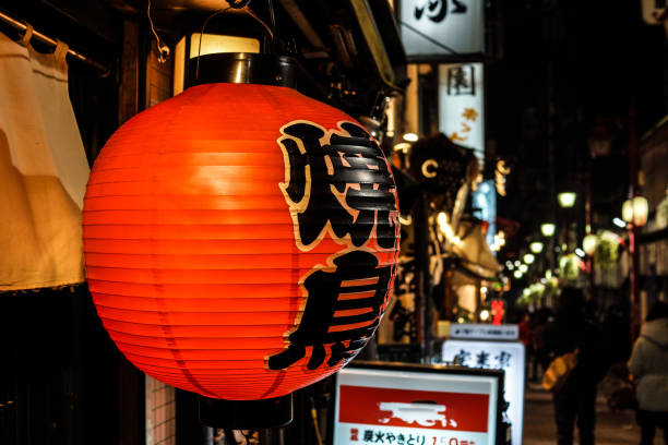 赤いバーの通りの提灯のイメージ - 焼き鳥 japanese culture spit roasted 日本食 ストックフォトと画像