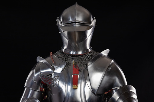 Medieval knightly armor, full set and details, made by an adult in full growth. Milanese Armor Beauchamp