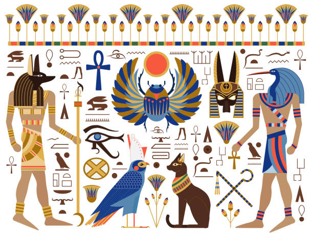 ilustrações, clipart, desenhos animados e ícones de símbolos egípcios antigos planos e conjunto de deuses - hieroglyphics