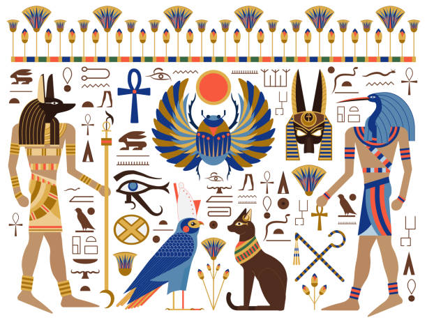 плоские древнеегипетских символов и богов установить - культура египта иллюстрации stock illustrations
