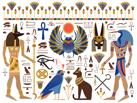 Egypt mythology set with egyptian gods, symbols and hieroglyphs. Including Bast, Horus, Anubis, Thoth, sacred winged scarab, crook and flail, eye of Horus, ankh cross and lotus ornament.