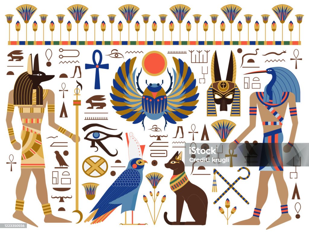 Flat Ancient Egyptian Symbols and Gods Set Egypt mythology set with egyptian gods, symbols and hieroglyphs. Including Bast, Horus, Anubis, Thoth, sacred winged scarab, crook and flail, eye of Horus, ankh cross and lotus ornament. Hieroglyphics stock vector