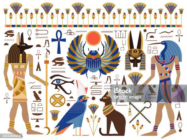Flat Ancient Egyptian Symbols And Gods Set Stock Illustration - Download Image Now - Hieroglyphics, Ancient Egyptian Culture, Undomesticated Cat