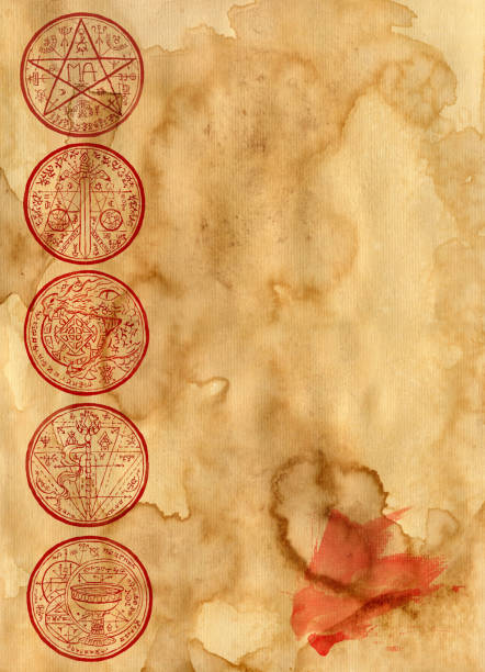 istock Mystic background with magic seals and copy space, blank on old paper texture manuscript. 1223353807