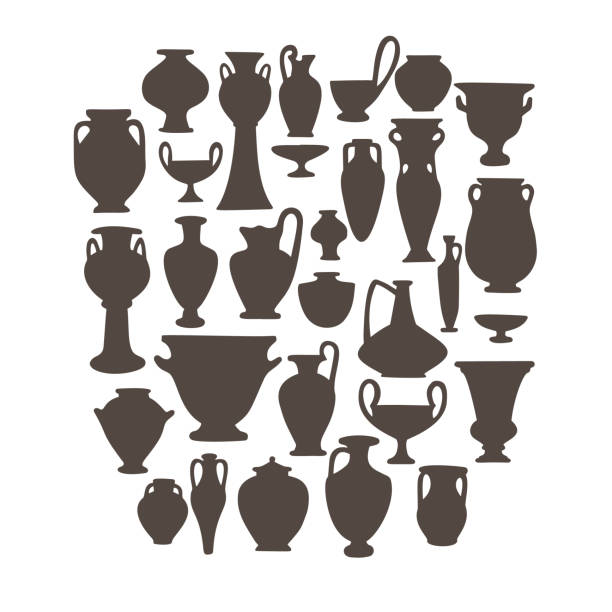 ilustraciones, imágenes clip art, dibujos animados e iconos de stock de conjunto de jarrones antiguos. ánforas de cerámica griega y romana, vasos, tarros. - decoración objeto ilustraciones