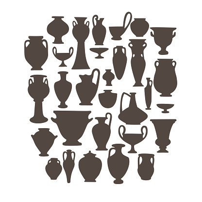 Antique vases set. Collection of vintage crockery objects. Greek and roman pottery amphoras, vessels, jar, urn, pitcher for food, wine, grain and oil. Clay dishes silhouettes isolated on white.