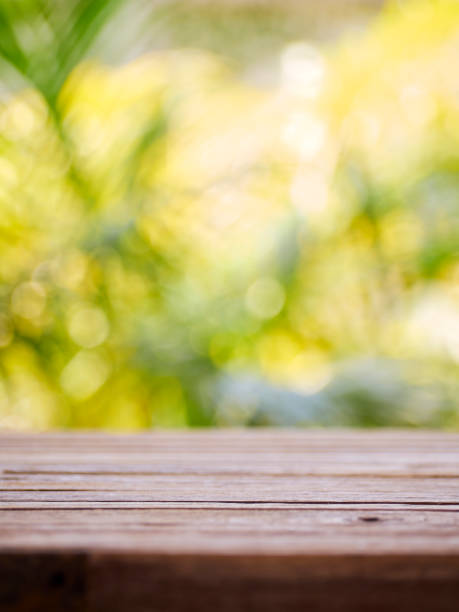 istock Empty wooden desk top with blurred nature background. 1223357483