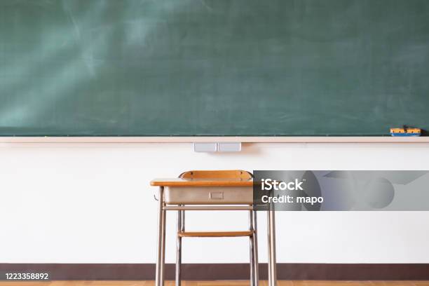Ein Bild Eines Japanischen Grundschulklassenzimmers Mit Tafel Und Schreibtisch Stockfoto und mehr Bilder von Schulgebäude