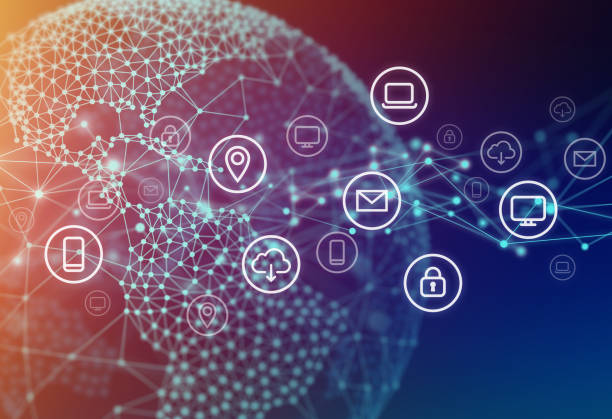 istock Network Connection of Technology Icons on Globe Polygon Graphic Background with Connected Lines 1223358952