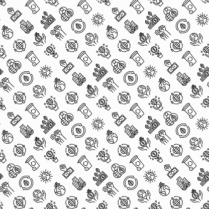 Green economy seamless pattern with thin line icons: financial growth, green city, zero waste, circular economy, anti-globalism, global consumption. Vector illustration for environmental issues.