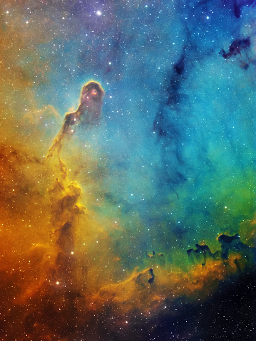 The Elephant's Trunk Nebula is a concentration of interstellar gas and dust region IC 1396 located in the constellation Cepheus, 2400 light years away from Earth. Amateur picture taken with professional CCD camera and refractor telescope (800mm, f/6.95), image taken consists of: Ha: 40 x 900s, OIII: 38 x 900s, SII: 38 x 900s. Total exposure time: 29h, HST palette image.