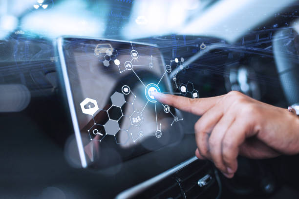 istock Male hand touching scrfuturistic vehicle and graphical user interface(GUI). intelligent car. connected car. Internet of Things. Heads up display(HUD).een in modern car. 1223363653