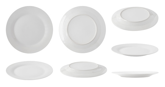 Set of top, side and back views of white empty plates isolated on white background