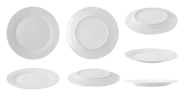 White empty plates Set of top, side and back views of white empty plates isolated on white background plate stock pictures, royalty-free photos & images