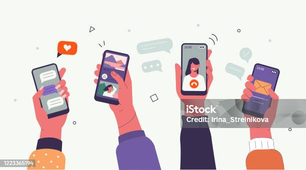Руки Со Смартфонами — стоковая векторная графика и другие изображения на тему Социальная сеть - Социальная сеть, Телефон, Мобильный телефон