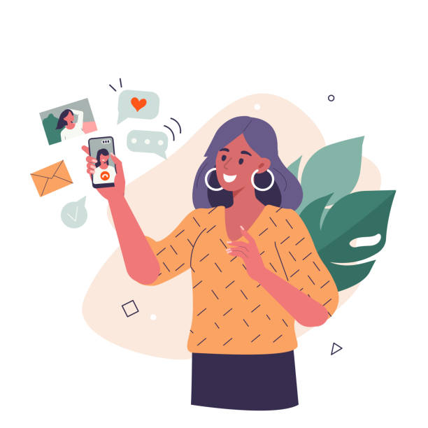 woman with smartphone Young Woman use Smartphone and Surfing in Social Media. Girl Chatting, Watching Video, Liking Photos and Make Video Call with Friends in Mobile App. Flat Cartoon Vector Illustration. social media icon illustrations stock illustrations