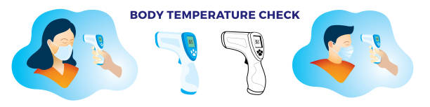 Body Temperature check with Non-contact Infrared thermometer fever scan for covid-19 coronavirus prevention Body Temperature check with Non-contact Infrared thermometer fever scan for covid-19 coronavirus prevention non gender figure stock illustrations