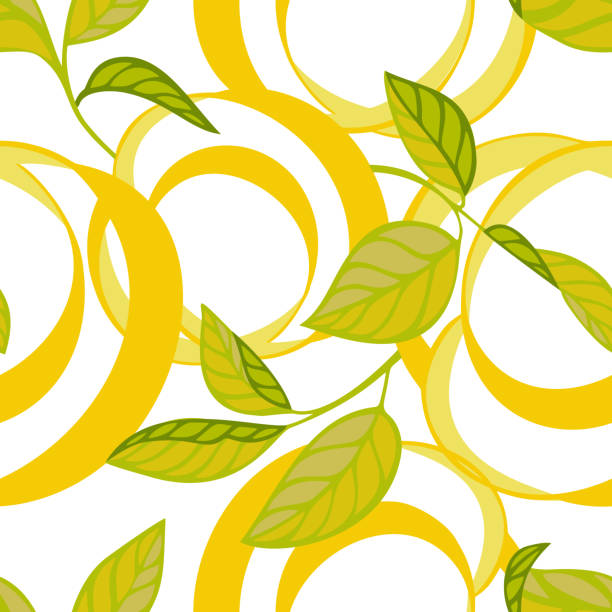 Lemon peel cut and twist isolated on white. Citrus tree leaves, Botanical seamless pattern. Plant and fruit vegetal background in trendy flat style. Textile and fabric fashion design.