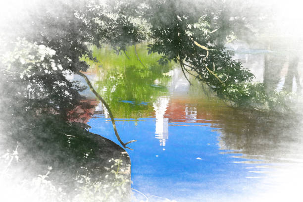 istock Mitcham Pond reflections in impressionist art form 1223367743