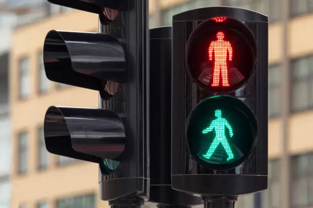 Pedestrian traffic light with both red and green lights illuminated.