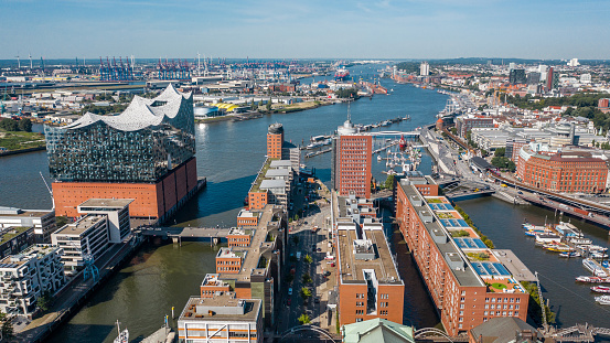Cityscape of Hamburg on a sunny day. Aerial view