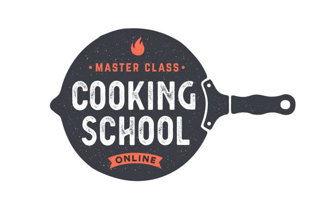 Kitchen frying pan. Logo for Cooking school Kitchen frying pan. Logo for Cooking school class with frying pan and calligraphy lettering text Cooking school, Online Master class. Old school typography. Vector Illustration cooking utensil stock illustrations