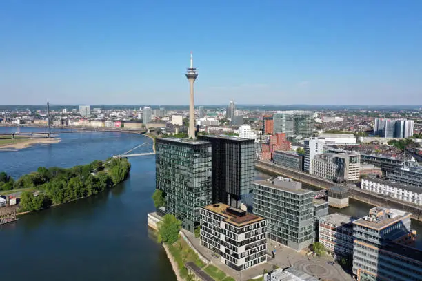 Aerial view on office buildings in the trendy media harbor business district along the Rhine