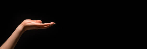 istock hand out palm up in plea or want against black 1223373802