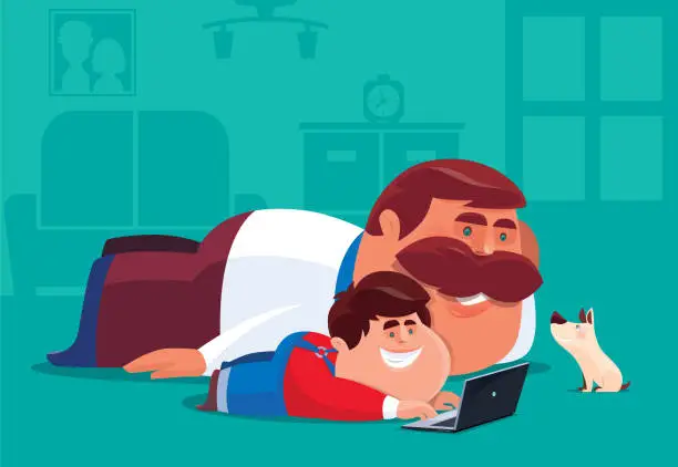 Vector illustration of kid using laptop with father at home