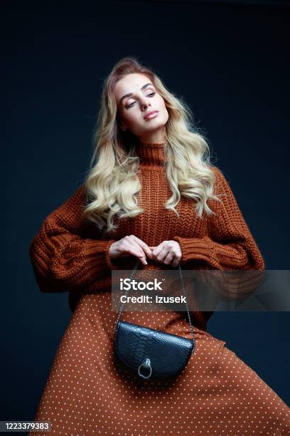 Fashion Portrait Of Elegant Woman In Brown Sweater Stock Photo - Download Image Now - Luxury, Fashion, One Woman Only